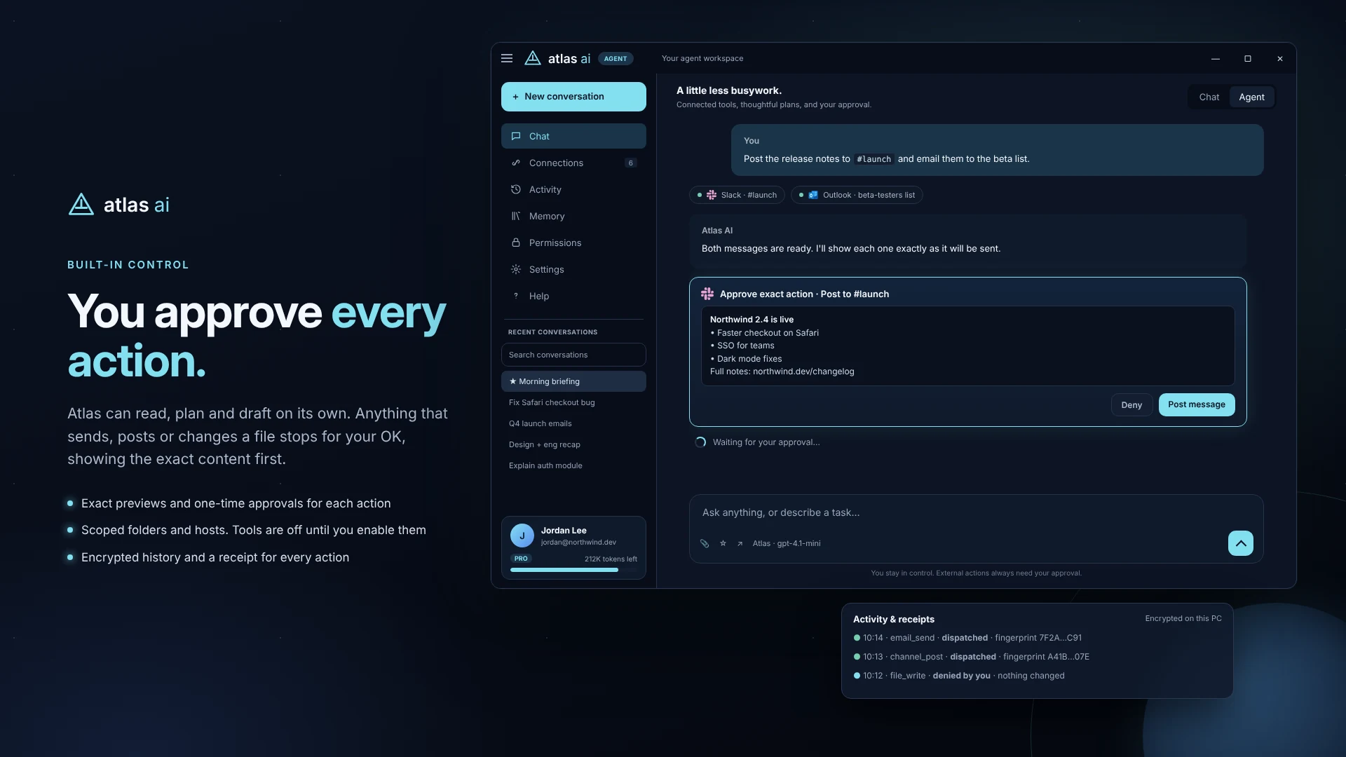 Atlas AI product preview showing an exact action and approve or deny controls