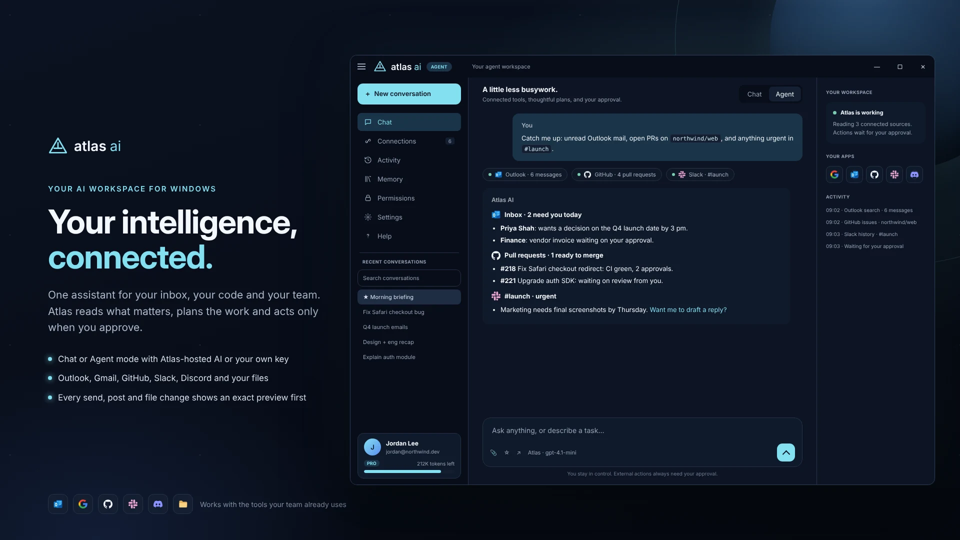 Atlas AI product preview showing an agent briefing with email, GitHub and team context