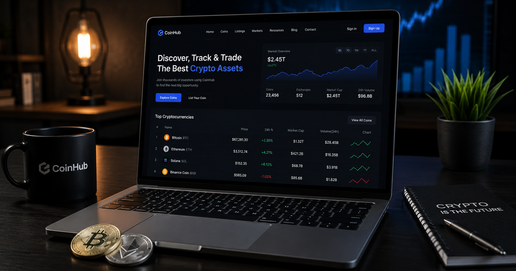 Crypto coin listing dashboard on a laptop