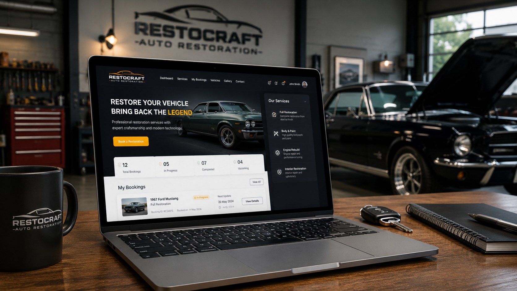 Vehicle restoration booking website on a laptop